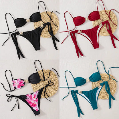 2025 Sexy Women's Bikini Set - Adjustable Tie Side Bandage Triangle Top & Low Rise Bottom with Starfish Metal Drawstring Summer