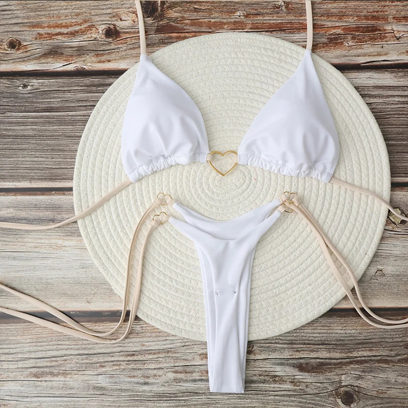 Women's Sexy Brazilian Bikini Set Halter Triangle Top Thong Bottom Two-Piece Swimsuit Heart Bathing Suit Summer Beach Swimwear