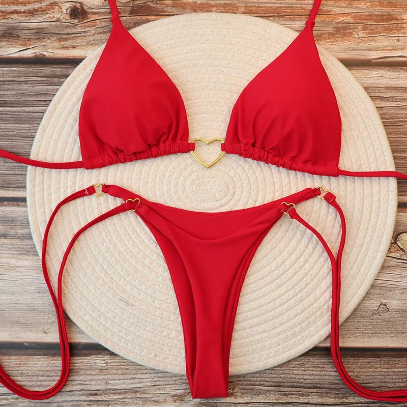 Women's Sexy Brazilian Bikini Set Halter Triangle Top Thong Bottom Two-Piece Swimsuit Heart Bathing Suit Summer Beach Swimwear